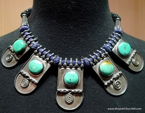 Tribal Necklace with Five Square Turquoise Stones