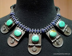 Tribal Necklace with Five Square Turquoise Stones