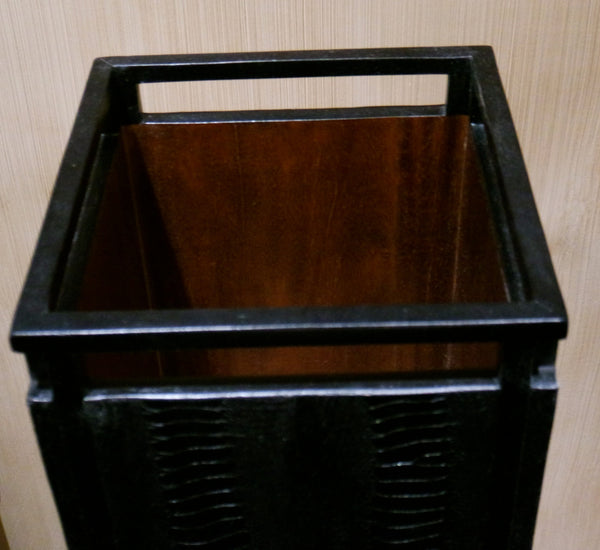 R & Y Augousti Paris Black Ostrich Skin Wastebasket--Mahogany Lined